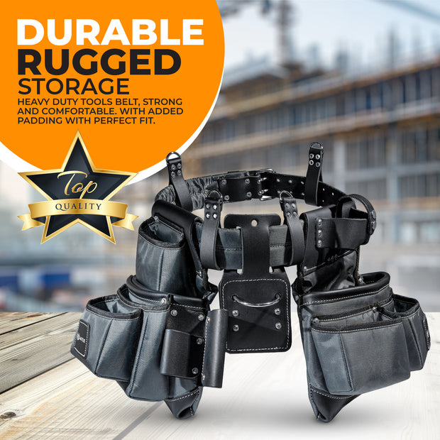 LAUTUS Heavy Duty Top Grain Leather and Nylon Tool Belt for Framers, Carpenters & Electricians, 22 Pockets, Hammer Holder, 4 D-Rings