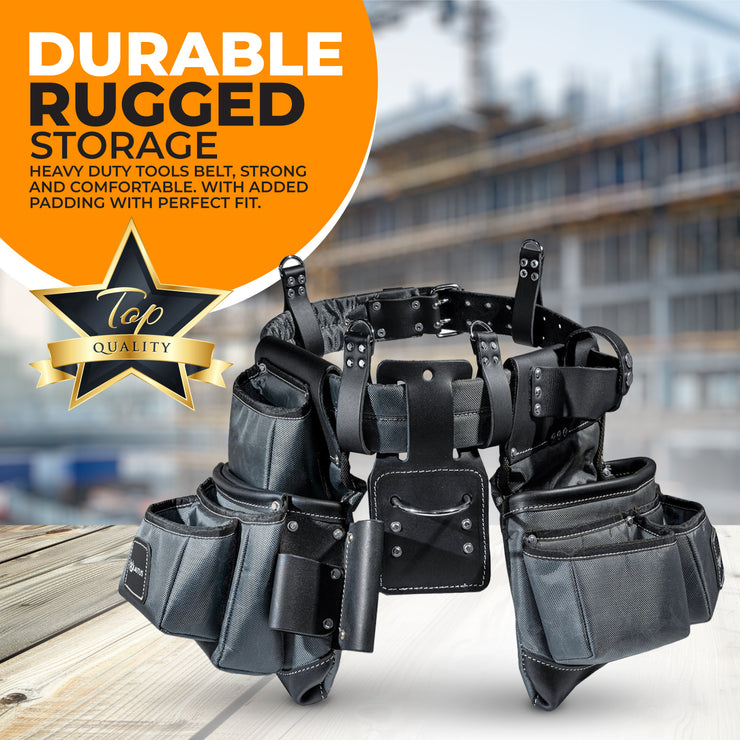 LAUTUS Heavy Duty Top Grain Leather and Nylon Tool Belt for Framers, Carpenters & Electricians, 22 Pockets, Hammer Holder, 4 D-Rings