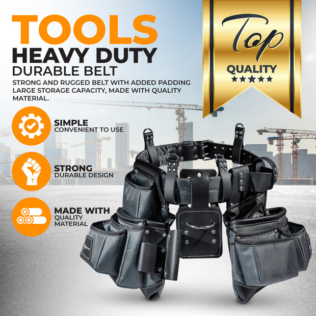 LAUTUS Heavy Duty Top Grain Leather and Nylon Tool Belt for Framers, Carpenters & Electricians, 22 Pockets, Hammer Holder, 4 D-Rings
