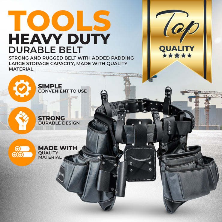 LAUTUS Heavy Duty Top Grain Leather and Nylon Tool Belt for Framers, Carpenters & Electricians, 22 Pockets, Hammer Holder, 4 D-Rings