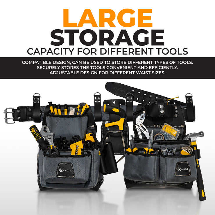 LAUTUS Heavy Duty Top Grain Leather and Nylon Tool Belt for Framers, Carpenters & Electricians, 22 Pockets, Hammer Holder, 4 D-Rings