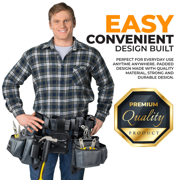 LAUTUS Heavy Duty Top Grain Leather and Nylon Tool Belt for Framers, Carpenters & Electricians, 22 Pockets, Hammer Holder, 4 D-Rings