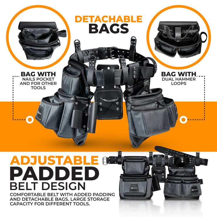 LAUTUS Heavy Duty Top Grain Leather and Nylon Tool Belt for Framers, Carpenters & Electricians, 22 Pockets, Hammer Holder, 4 D-Rings