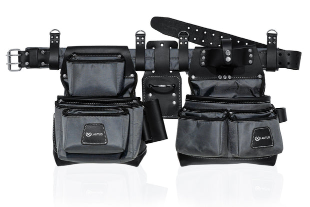 LAUTUS Heavy Duty Top Grain Leather and Nylon Tool Belt for Framers, Carpenters & Electricians, 22 Pockets, Hammer Holder, 4 D-Rings
