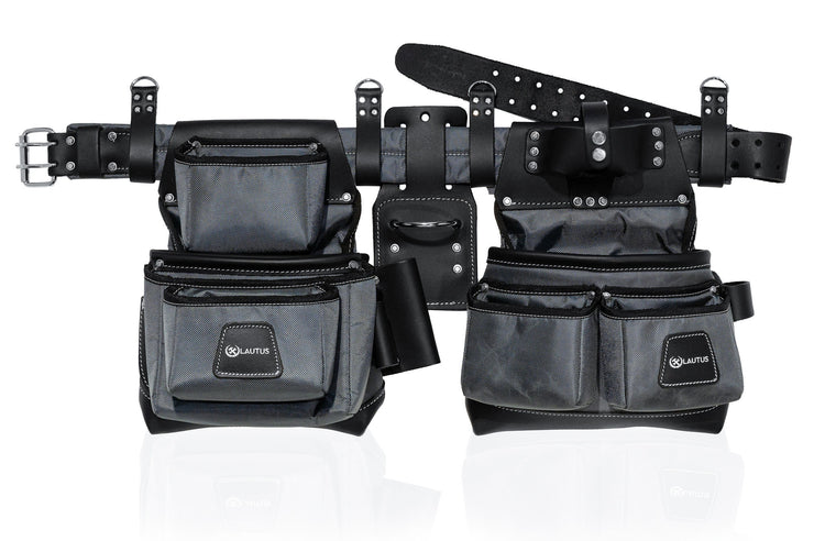 LAUTUS Heavy Duty Top Grain Leather and Nylon Tool Belt for Framers, Carpenters & Electricians, 22 Pockets, Hammer Holder, 4 D-Rings