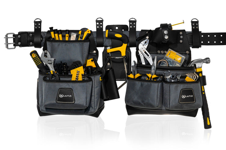 LAUTUS Heavy Duty Top Grain Leather and Nylon Tool Belt for Framers, Carpenters & Electricians, 22 Pockets, Hammer Holder, 4 D-Rings