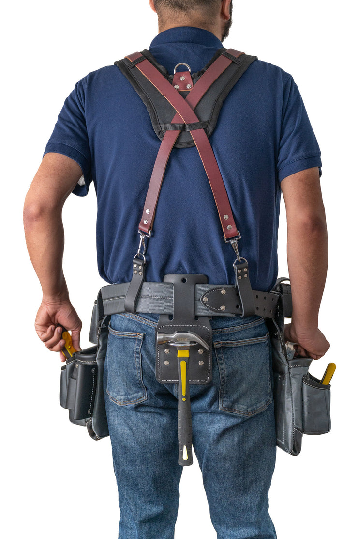 HEAVY DUTY LEATHER PADDED TOOL BELT SUSPENDERS WITH CHEST STRAP