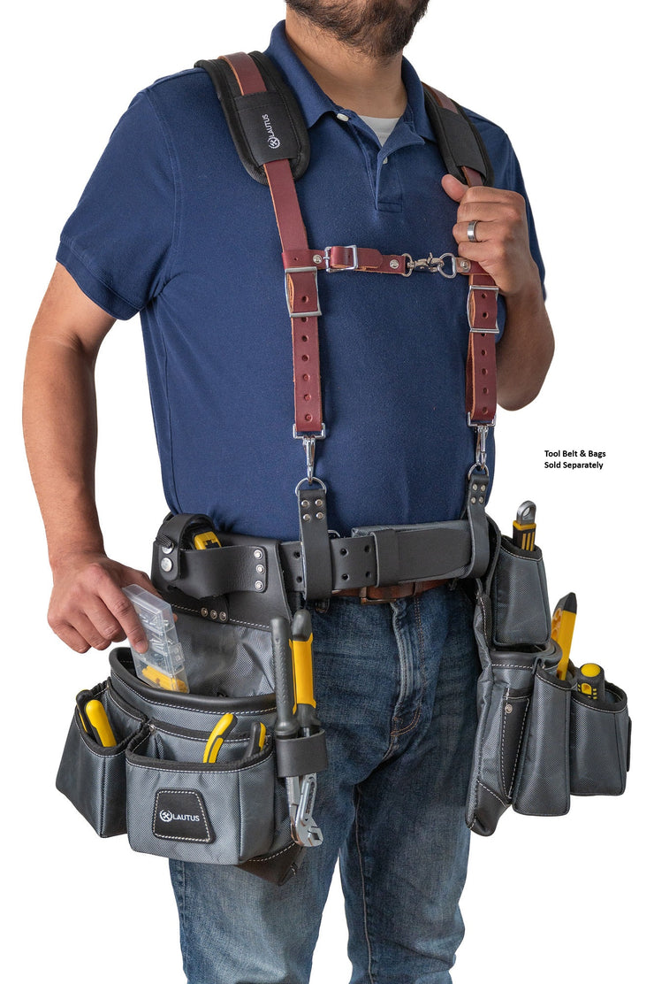 HEAVY DUTY LEATHER PADDED TOOL BELT SUSPENDERS WITH CHEST STRAP