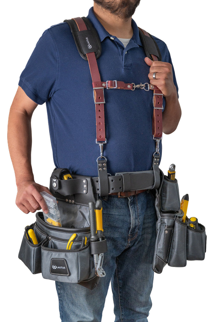 HEAVY DUTY LEATHER PADDED TOOL BELT SUSPENDERS WITH CHEST STRAP