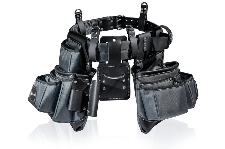 LAUTUS Heavy Duty Top Grain Leather and Nylon Tool Belt for Framers, Carpenters & Electricians, 22 Pockets, Hammer Holder, 4 D-Rings