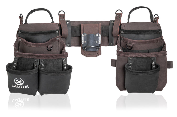 LAUTUS Heavy Duty Top Grain Leather Tool Belt for Framers, Carpenters & Electricians, 18 Pockets, Hammer Holder, 2 D-Rings, 2 Loops, Tape Measure Clip, Thick Belt