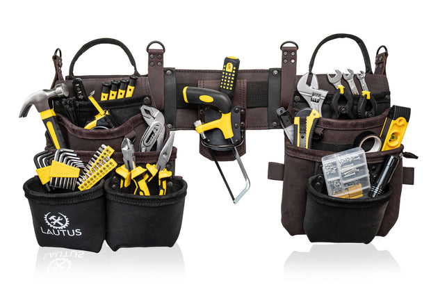 LAUTUS Heavy Duty Top Grain Leather Tool Belt for Framers, Carpenters & Electricians, 18 Pockets, Hammer Holder, 2 D-Rings, 2 Loops, Tape Measure Clip, Thick Belt