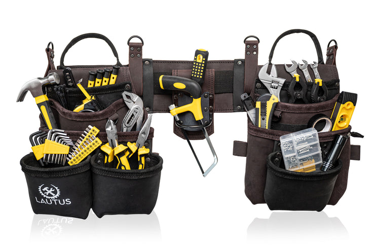 LAUTUS Heavy Duty Top Grain Leather Tool Belt for Framers, Carpenters & Electricians, 18 Pockets, Hammer Holder, 2 D-Rings, 2 Loops, Tape Measure Clip, Thick Belt