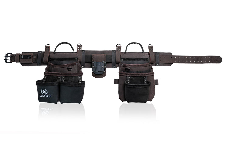 LAUTUS Heavy Duty Top Grain Leather Tool Belt for Framers, Carpenters & Electricians, 18 Pockets, Hammer Holder, 2 D-Rings, 2 Loops, Tape Measure Clip, Thick Belt