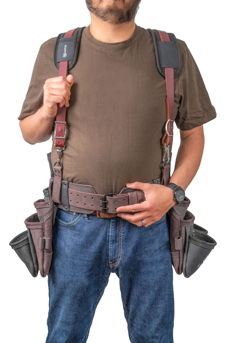 LAUTUS Heavy Duty Top Grain Leather Tool Belt for Framers, Carpenters & Electricians, 18 Pockets, Hammer Holder, 2 D-Rings, 2 Loops, Tape Measure Clip, Thick Belt