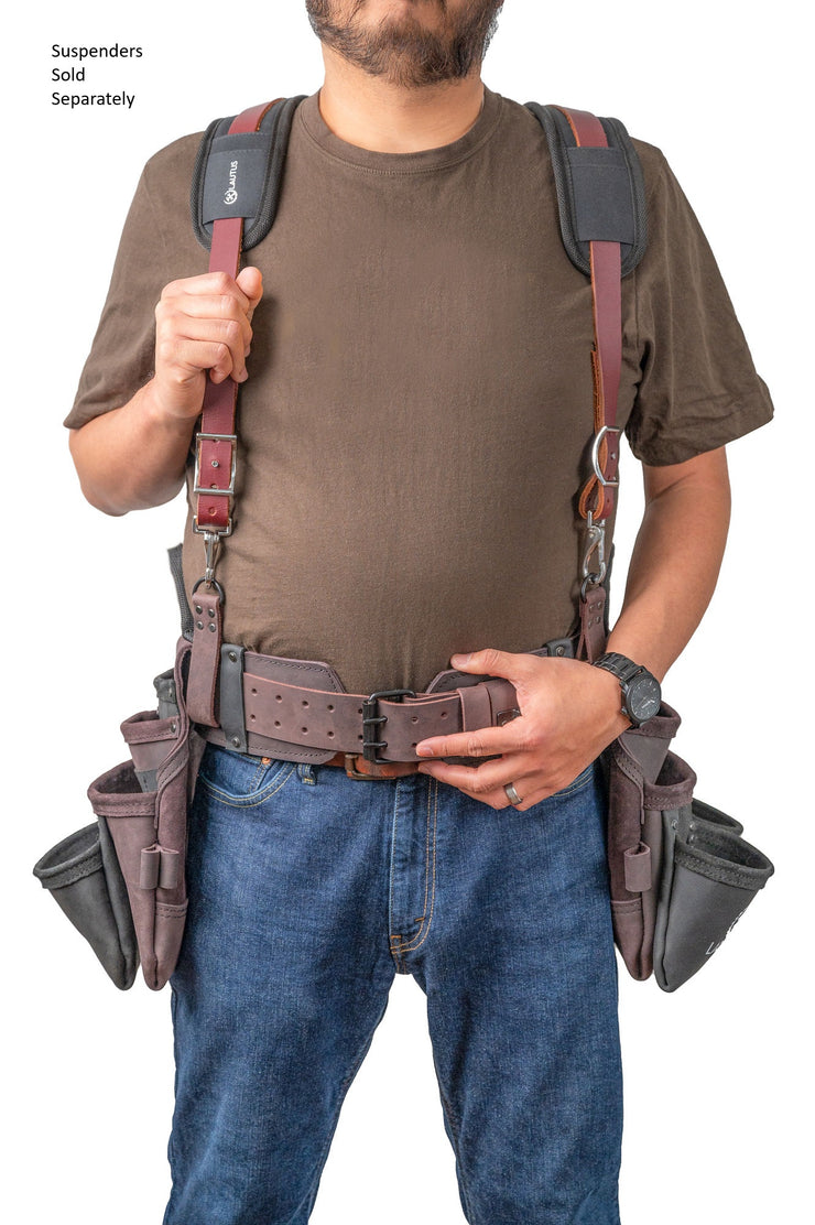 LAUTUS Heavy Duty Top Grain Leather Tool Belt for Framers, Carpenters & Electricians, 18 Pockets, Hammer Holder, 2 D-Rings, 2 Loops, Tape Measure Clip, Thick Belt